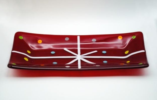 Handcrafted clear red Christmas present looking Fused Glass Serving Plate10 Inch by 5 inch . housewarming, wedding, couple's unique gift