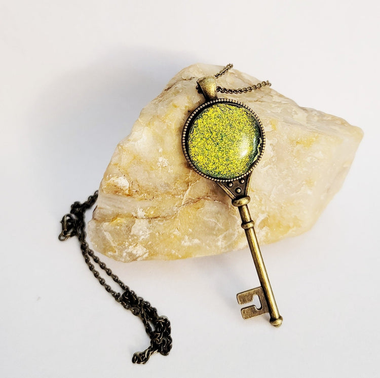 Antiqued Brass  Skeleton Key pendant necklace with Fused Glass Green Dichroic cabochon on 24 inch brass plated chain jewelry seeds glassworks