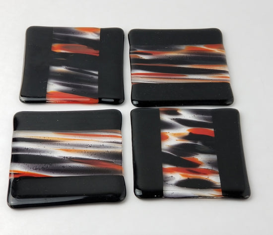 Black, Red and Clear swirl with black boarder fused glass drink coaster, set of 4, handmade, housewarming gift, home décor seeds glassworks seedsglassworks