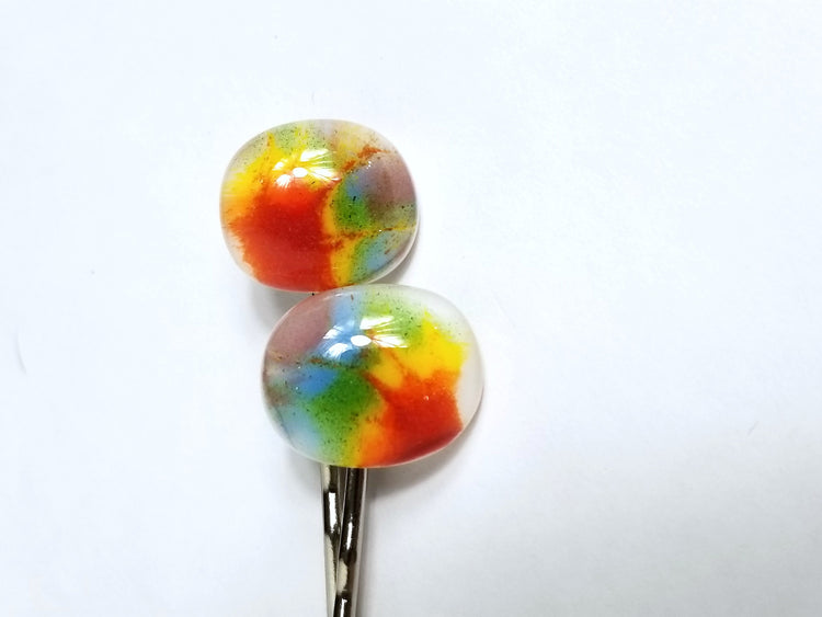 Tie Dye look fused glass adorned Bobby Pins hair accessory, silver and rainbow color