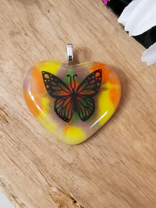 Tie Dye look and Butterfly fused glass Heart Pendant necklace jewelry, rainbow color on 20 inch steel chain seeds glassworks seedsglassworks