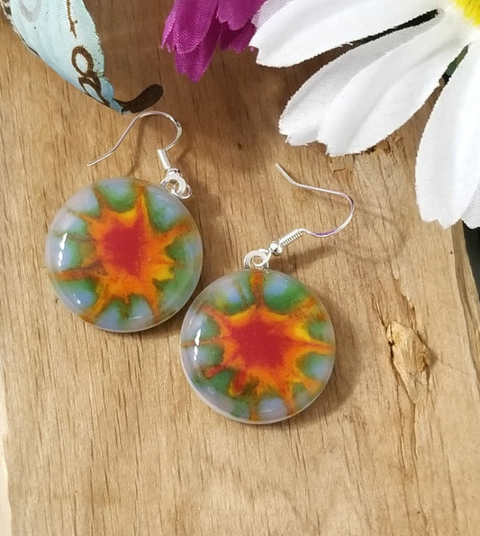 Circle shaped Tie Dye  look pierced earrings-fused glass