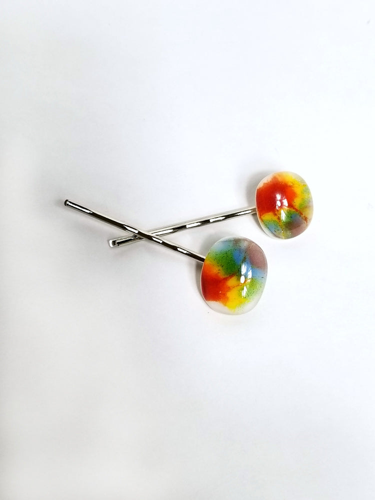 Tie Dye look fused glass adorned Bobby Pins hair accessory, silver and rainbow color seeds glassworks seedsglassworks