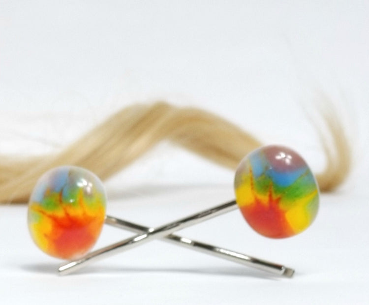 Tie Dye look fused glass adorned Bobby Pins hair accessory, silver and rainbow color seeds glassworks seedsglassworks