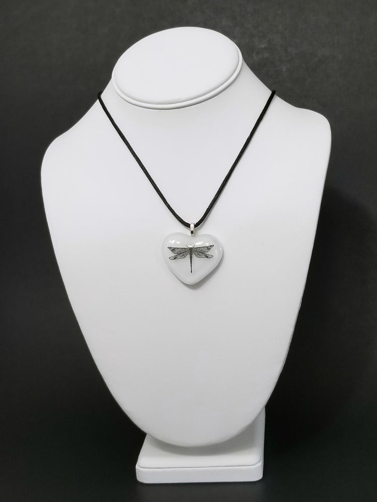 Black and White Dragonfly Heart Fused Glass Pendant on  20 inch steel chain seeds glassworks seedsglassworks