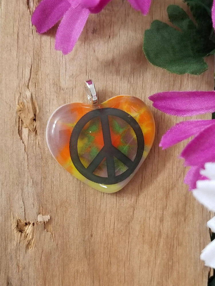 Tie Dye look and Peace Sign fused glass heart pendant necklace jewelry, rainbow color on 20 inch steel chain seeds glassworks seedsglassworks