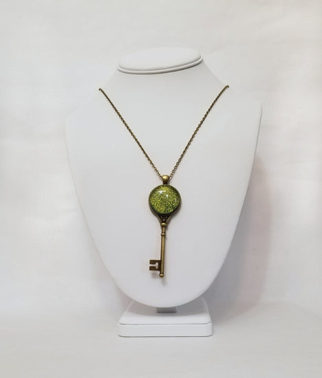 Antiqued Brass  Skeleton Key pendant necklace with Fused Glass Green Dichroic cabochon on 24 inch brass plated chain jewelry seeds glassworks