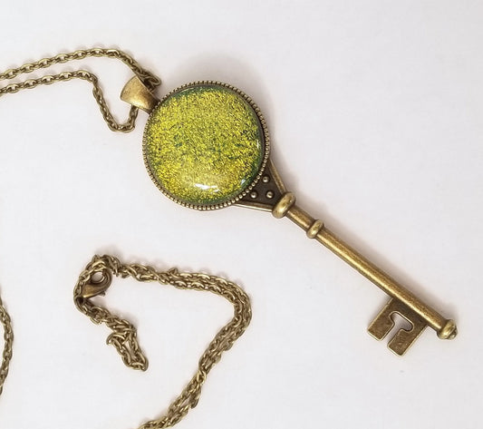 Antiqued Brass  Skeleton Key pendant necklace with Fused Glass Green Dichroic cabochon on 24 inch brass plated chain jewelry seeds glassworks