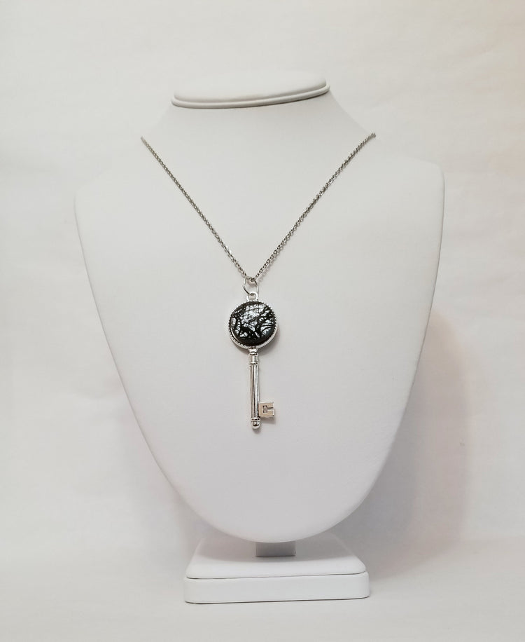 Small  Skeleton Key silver finish pendant necklace with Fused Glass Silver Lace cabochon on 24 inch stainless steel chain jewelry