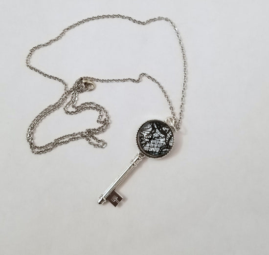 Small  Skeleton Key silver finish pendant necklace with Fused Glass Silver Lace cabochon on 24 inch stainless steel chain jewelry