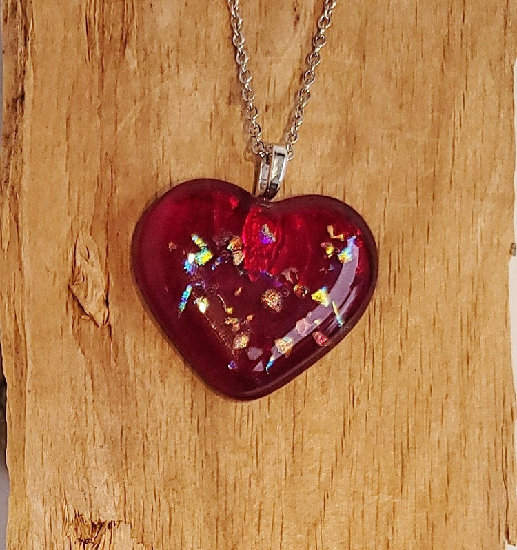 Red Sparkle Heart fused glass pendant necklace, dichroic accents,18 inch stainless steel chain