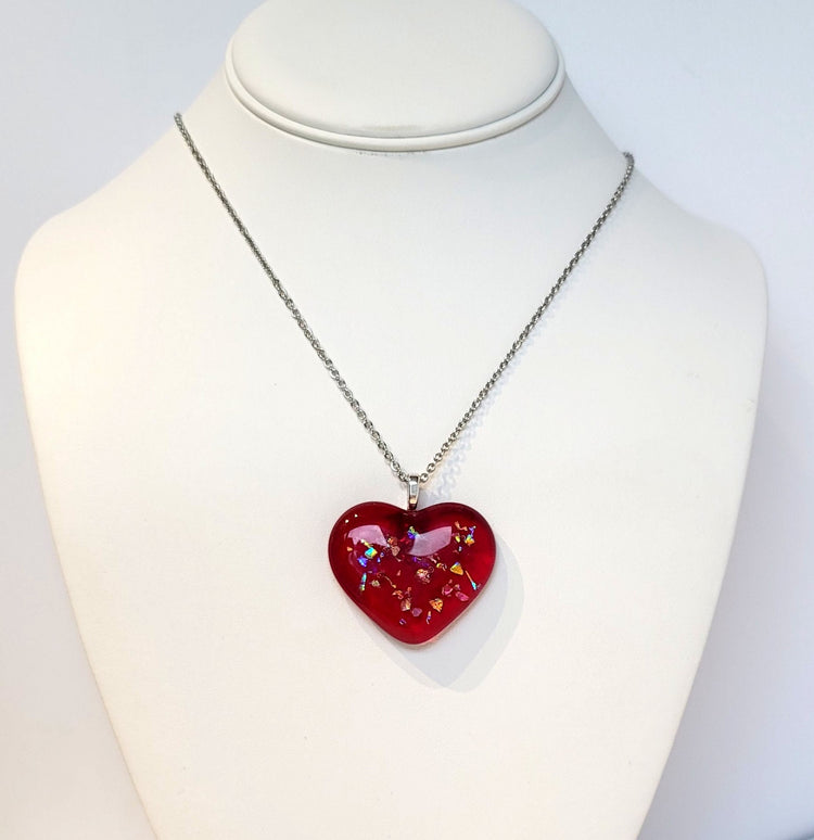 Red Sparkle Heart fused glass pendant necklace, dichroic accents,18 inch stainless steel chain