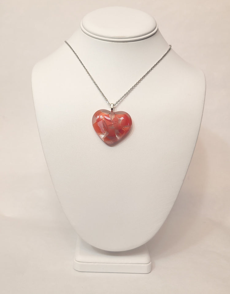 Shades of red fused Glass Heart Pendant necklace on 18 inch stainless steel chain