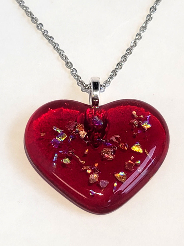 Red Sparkle Heart fused glass pendant necklace, dichroic accents,18 inch stainless steel chain