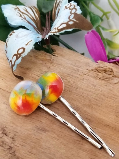 Tie Dye look fused glass adorned Bobby Pins hair accessory, silver and rainbow color seeds glassworks seedsglassworks