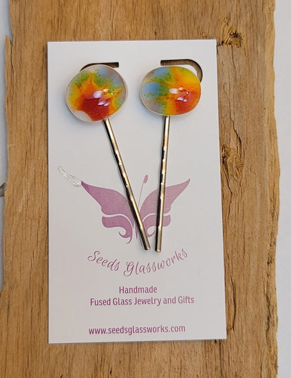 Tie Dye look fused glass adorned Bobby Pins hair accessory, silver and rainbow color seeds glassworks seedsglassworks