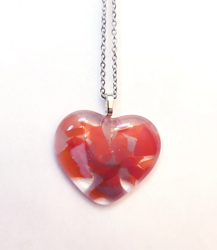 Shades of red fused Glass Heart Pendant necklace on 18 inch stainless steel chain