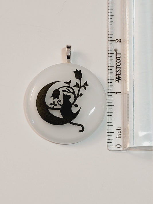 Black Cat sitting on the Moon on White Circle  Fused Glass Pendant on 20 inch chain seeds glassworks seedsglassworks