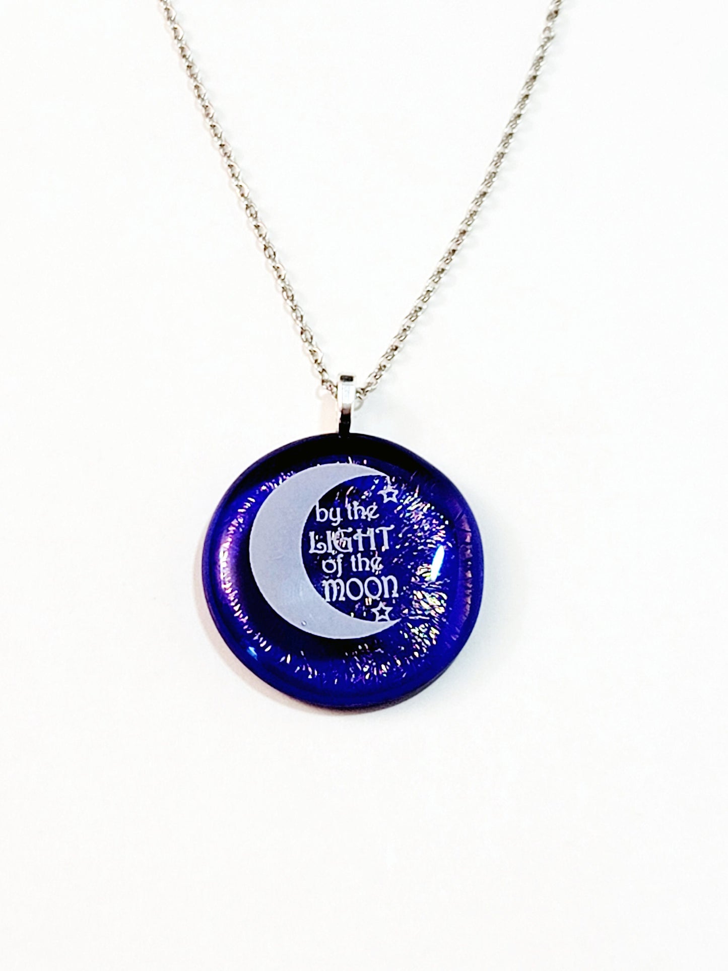 Crescent Moon, white on dark clear blue with crinkle effect fused glass circle pendant on 20 inch steel chain