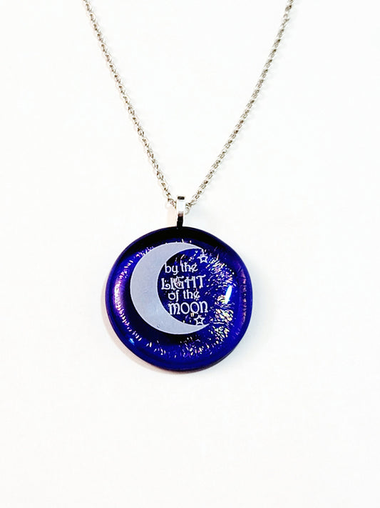 Crescent Moon, white on dark clear blue with crinkle effect fused glass circle pendant on 20 inch steel chain