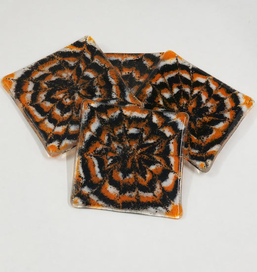 Black, Orange and white Tie Dye Look Fused Glass Drink Coasters with a Spooky Halloween Vibe, set of 4 seeds glassworks seedsglassworks