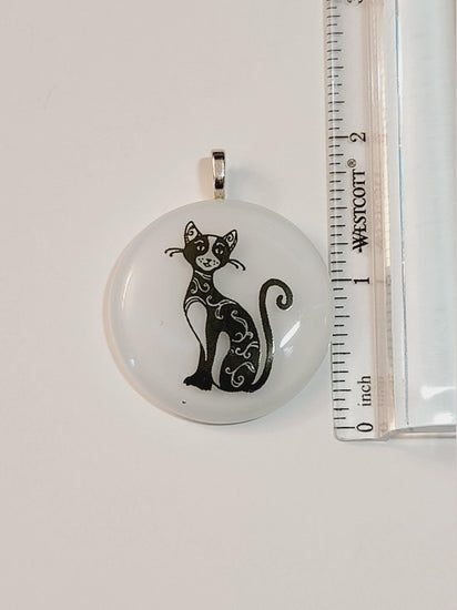 Black Whimsical Cat on White Circle  Fused Glass Pendant necklace jewelry on  20 inch steel chain seeds glassworks seedsglassworks