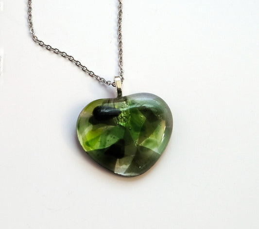 Shades of Green fused Glass Heart Pendant necklace on 18 inch stainless steel chain. Valentine's sweetheart gift seeds glassworks seedsglassworks