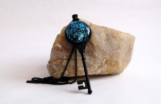 Black Metal Skeleton Key pendant necklace with Fused Glass Blue  Lace cabochon on 24 inch black chain jewelry