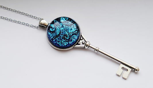 Silver Metal Skeleton Key pendant necklace with Fused Glass Blue  Lace cabochon on 24 inch steel chain jewelry seeds glassworks seedsglassworks