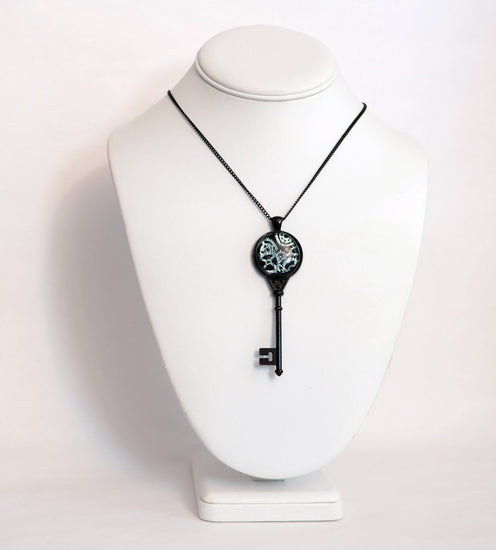 Steampunk Beauty: Black Metal Skeleton Key Pendant with Fused Glass Silver Gears Cabochon Necklace on 24 inch black chain seeds glassworks seedsglassworks