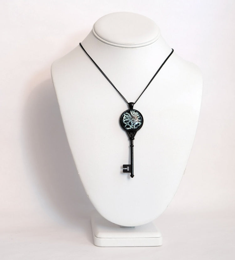 Steampunk Beauty: Black Metal Skeleton Key Pendant with Fused Glass Silver Gears Cabochon Necklace on 24 inch black chain seeds glassworks seedsglassworks