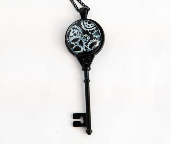 Steampunk Beauty: Black Metal Skeleton Key Pendant with Fused Glass Silver Gears Cabochon Necklace on 24 inch black chain seeds glassworks seedsglassworks