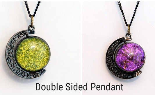 Double Sided Crescent Moon Celestial Pendant Necklace Purple and Green Dichroic Fused Glass Spinner on 20 inch chain seeds glassworks seedsglassworks