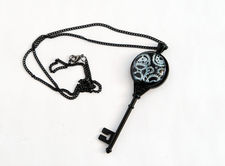 Steampunk Beauty: Black Metal Skeleton Key Pendant with Fused Glass Silver Gears Cabochon Necklace on 24 inch black chain seeds glassworks seedsglassworks