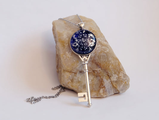 Silver tone Skeleton Key pendant necklace with Fused Glass blue and silver dichroic Lace cabochon on 24 inch steel chain jewelry