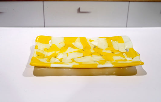 Yellow and White Fused Glass serving Platter dish plate, patchwork pattern, 8 X 5 inches, housewarming gift entertaining seeds glassworks seedsglassworks