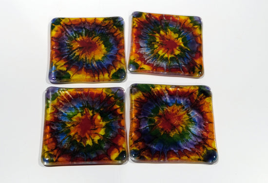 Tie Dye Fused Glass Coasters, rainbow colors, set of 4 seeds glassworks seedsglassworks