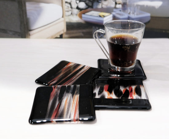 Black, Red and Clear swirl with black boarder fused glass drink coaster, set of 4, handmade, housewarming gift, home décor seeds glassworks seedsglassworks