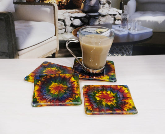 Tie Dye Fused Glass Coasters, rainbow colors, set of 4 seeds glassworks seedsglassworks