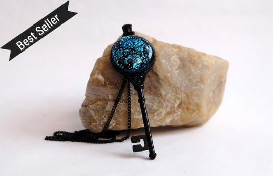 Black Metal Skeleton Key pendant necklace with Fused Glass Blue  Lace cabochon on 24 inch black chain jewelry