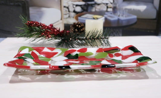 Christmas Green, Red, White and Clear 10x5 inch Fused Glass Platter.