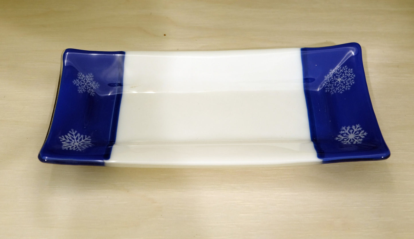 Blue and White snowflake fused glass serving plate 10 inch