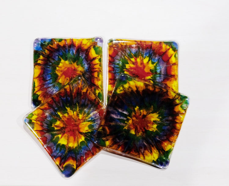 Tie Dye Fused Glass Coasters, rainbow colors, set of 4 seeds glassworks seedsglassworks