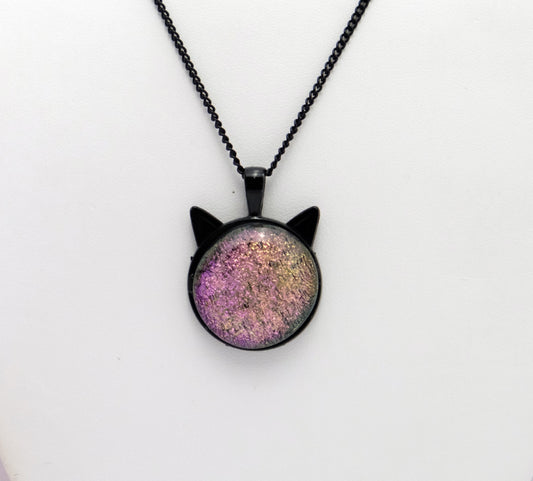 Magical Black Cat Pendant Necklace with pink/green Color-Shifting Dichroic Glass Center Stone on 20 in black chain