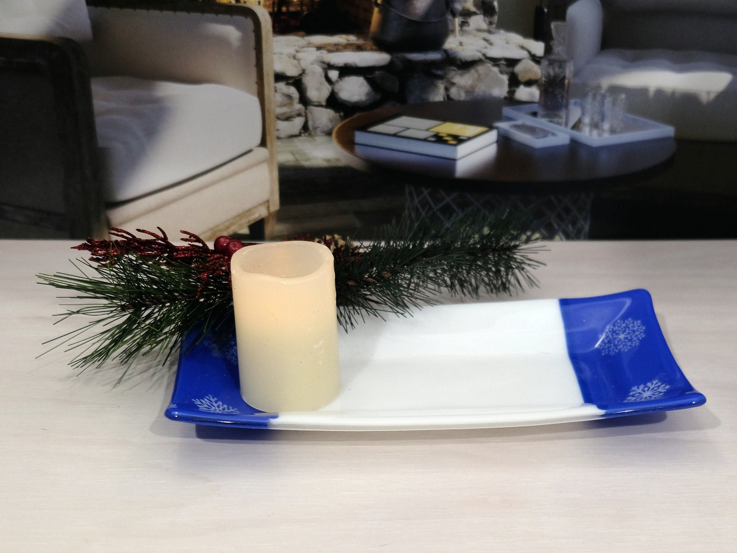 Blue and White snowflake fused glass serving plate 10 inch