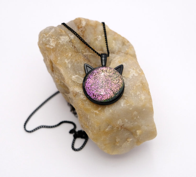 Magical Black Cat Pendant Necklace with pink/green Color-Shifting Dichroic Glass Center Stone on 20 in black chain