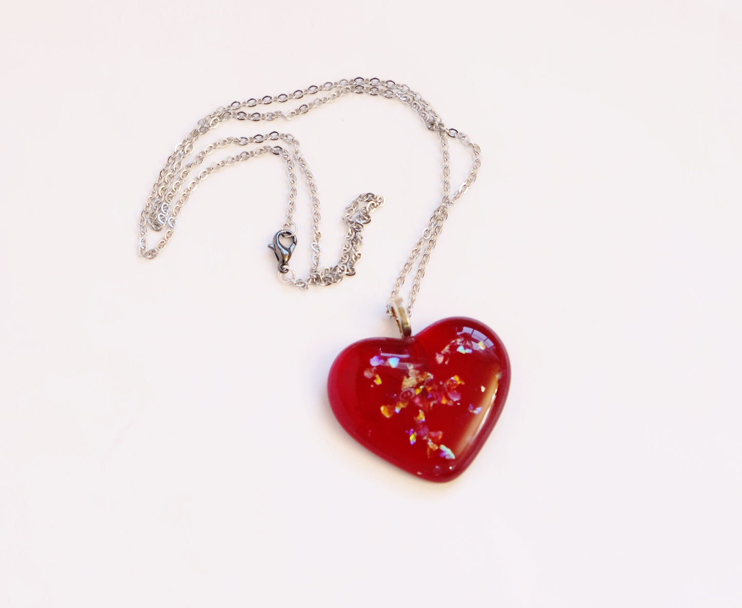 Red Sparkle Heart fused glass pendant necklace, dichroic accents,18 inch stainless steel chain