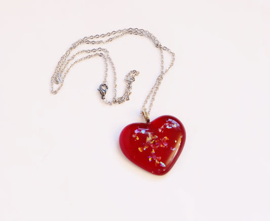 Red Sparkle Heart fused glass pendant necklace, dichroic accents,18 inch stainless steel chain. Valentine's sweetheart gift seeds glassworks seedsglassworks