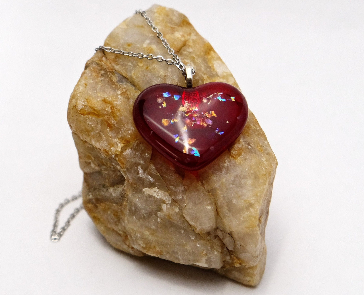 Red Sparkle Heart fused glass pendant necklace, dichroic accents,18 inch stainless steel chain
