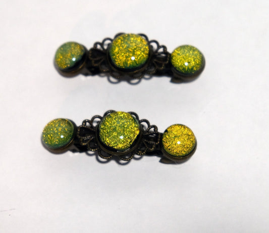 Barrette pair, bronze flowers with yellow/green dichroic fused glass cabochons, french clip, 2 1/4 inches